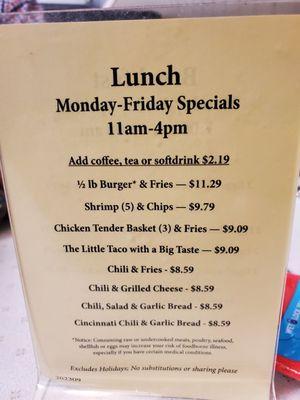 FA's lunch special?  $13.50 for burger, fries, drink?  All the old daily specials now $11.98 or there about.