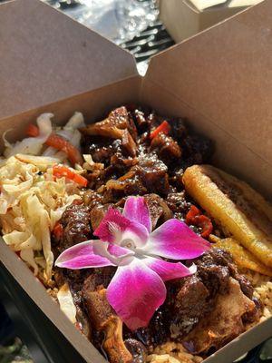 Oxtail with rice and peas, stir fried cabbage and sweet plantains