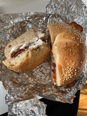 Sesame Bagel with Bagel with Plain Tofu Cream Cheese and Bacon