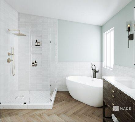 Redwood City bathroom with soaking tub, separate shower, and dual vanity with marble countertop