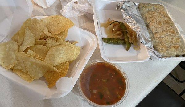 Chips and salsa, bean, rice, and cheese burrito