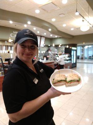 This is Anna, serving me the fabulous Turkey Avacado Sandwich. You must have heith spinach.