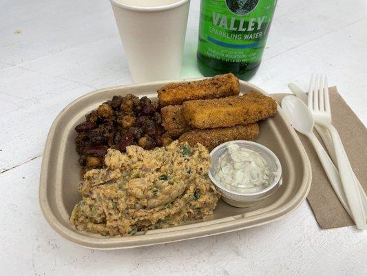 Country-fried tofu, hot potato salad, southwest three bean salad