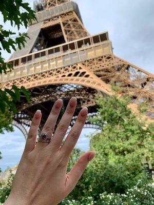 Unheated purple sapphire engagement ring and diamond wedding band