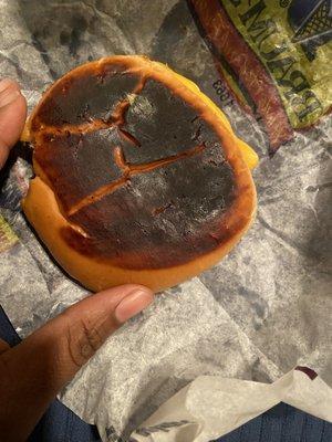 Burnt hamburger bun.