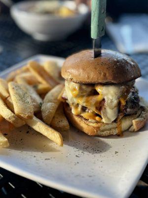 Surf & Turf Seafood Burger with fries