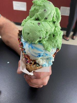 Mint and chip/ birthday cake with sprinkles waffle cone