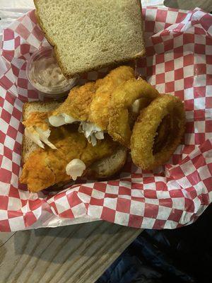 Whiting with onion rings