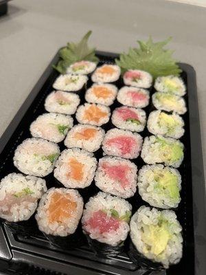 Negi Hama, salmon, negi toro, and avocado rolls