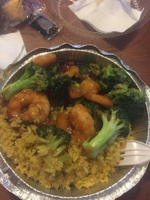 Shrimp and broccoli with pork fried rice lunch special