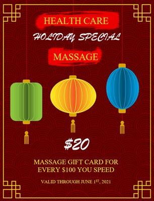 Holiday special a $20 massage gift card.