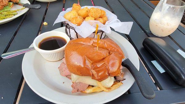 French Dip sandwich with Tots