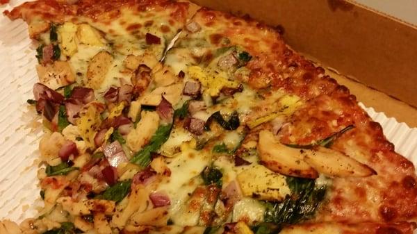 Thin crust (comes in large roundonly) chicken artichoke pizza.