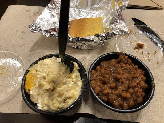 Corn bread, baked bbq beans and cheesy potatoes!  Yummy!