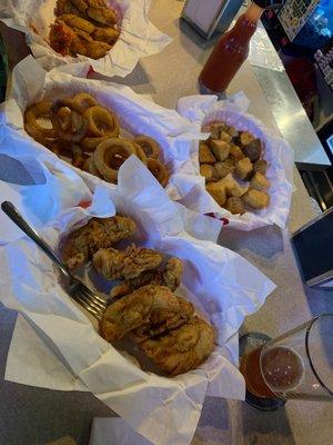 Broasted chicken tenders, jojo chunks and onion rings!