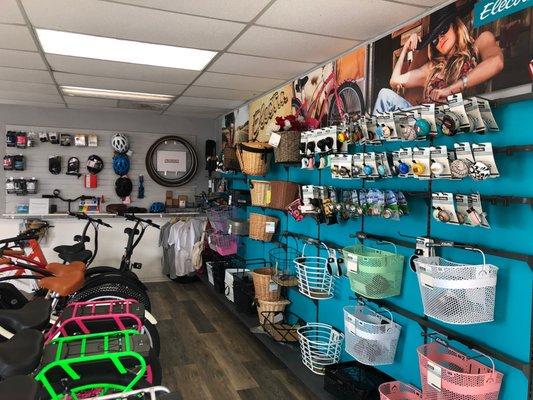 We sell a wide variety bike accessories. Baskets, Bells, Lock, Etc..