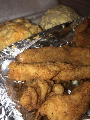 Catfish, Mac and cheese, potato salad