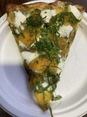 Slice with pistachio pesto, golden beets, burrata, and basil. $5. Amazing!