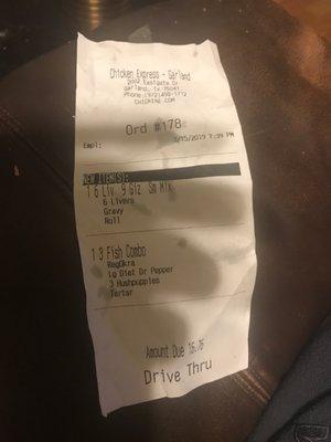 Receipt from the trash Chicken Express served me.