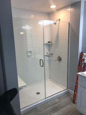 High Tech Polymer (Acrylic) Shower, Anti Slip Resin, Simulated Tile Pattern, Custom Shower Glass Door