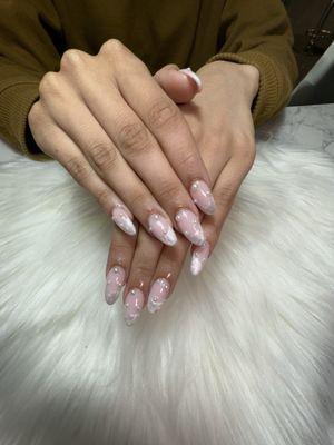 acrylic full set with french tip design and pearl embellishment