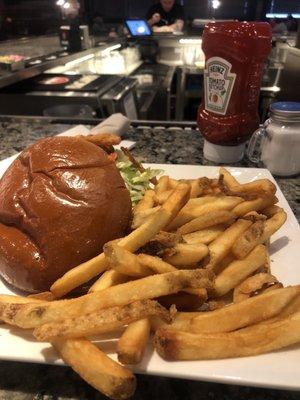 All American burger with fries. Not the best picture but a great hamburger!!!