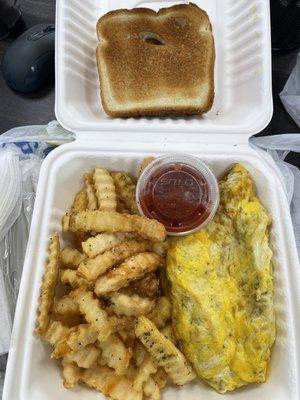 Western or Southwestern omelette with fries and toast.