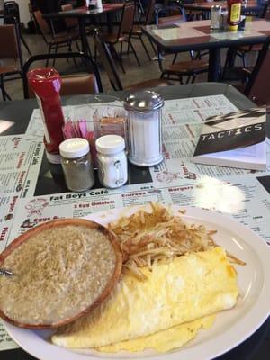 Cheese omelet, a load of oatmeal and double the hash browns