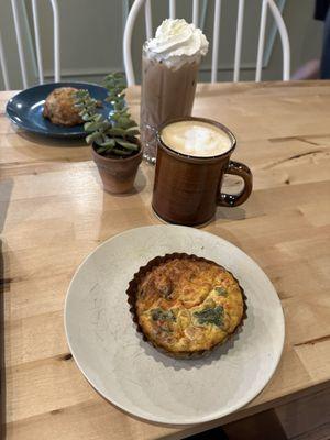 Iced Mocha, Lavender Agave Latte, Bacon Cheddar Scone & Bacon Frittata