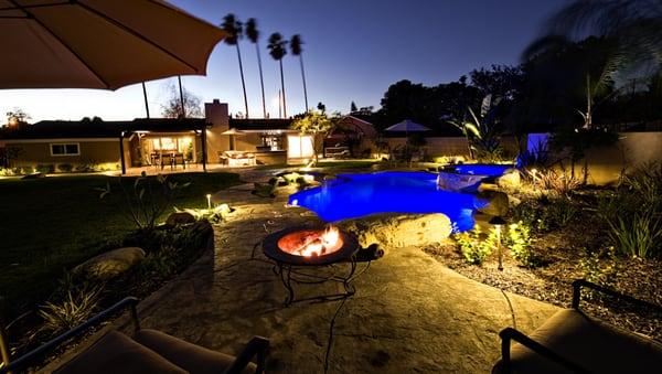 A fire pit awaits to warm you after an evening swim