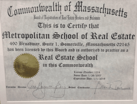 Current Real Estate School Certificate