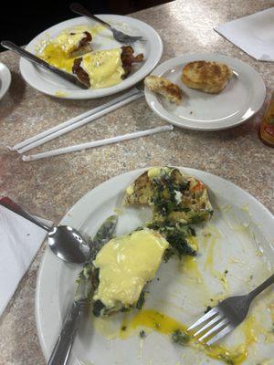 Eggs florentine, eggs benedict with bacon, biscuit.