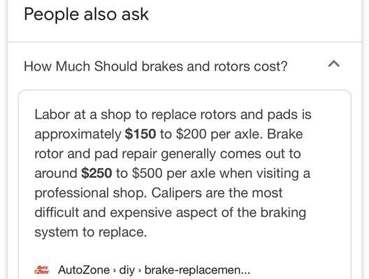 We only use quality parts and all our work is backed by a 2 year/24,000 mile warranty.  Not all brake job require rotors so costs will vary.