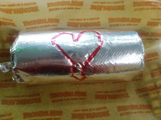 The nice fellow drew a heart on my burrito so I wouldn't confuse it with Mr. G's.