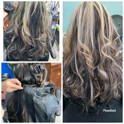 Sewing  hair extensions before and after done Excel salon and nails spa ‍