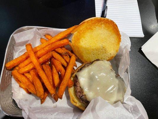 Mushroom swiss with sweet potato fries.