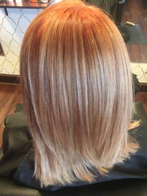 Soft, natural and subtle highlights create dimension and texture for this beautiful coppery blonde.