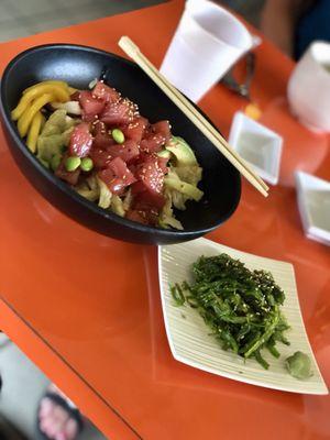 Tuna poke salad and seaweed salad. Delicious!