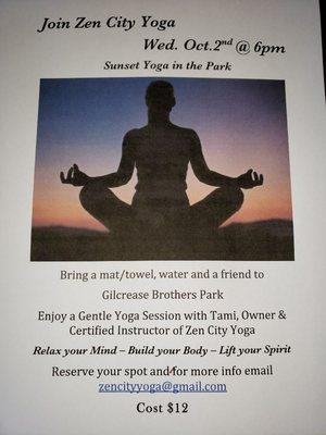 Join Zen City Yoga Wednesday, October 2nd @6pm for Sunset Yoga in Gilcrease brothers park! Cost $12