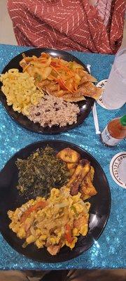 Ackee and saltfish with collard greens and fried plantains in lower dish.   Escovich fish with mac'n'cheese and rice and peas on upper dish.