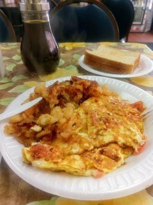 Egg platters: Greek omelette, home fries, buttered toast