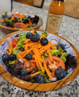 My simple salad with local greens and vegetables with blueberries. Delicious with the peach vinaigrette! (V, GF)