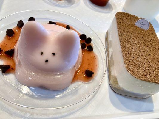 Strawberry panna cotta bunny with chocolate chips + classic tiramisu.