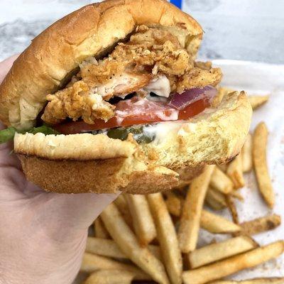 Crispy Chicken Sandwich with lettuce, tomato, pickles, onion and mayonnaise