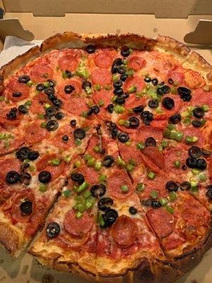 Pepperoni, black olives, green pepper. The best!