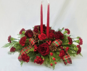 Christmas Centerpiece with plaid accents 2 candle