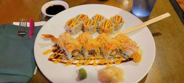 Samurai Roll and Spicy Tuna Roll with crunchies.