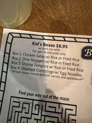 Kid's menu at Bangkok Bistro