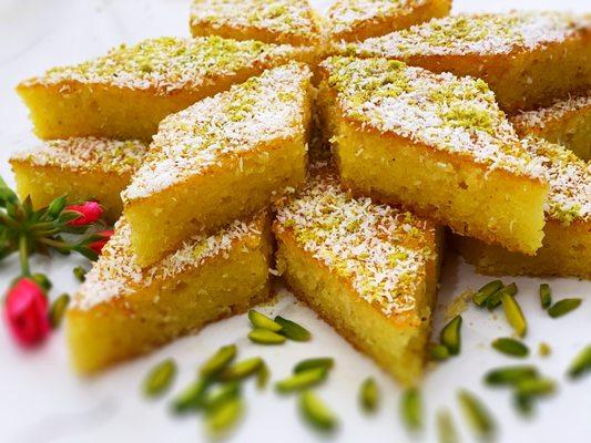 Syrup Cake ( Cake Sharbati)  Coconut and Pistachio topping, Saffron