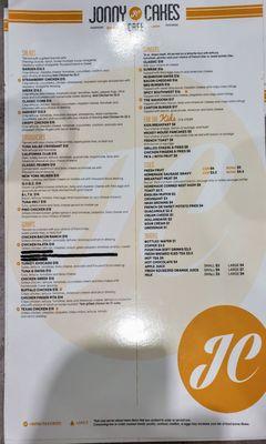 Menu at Jonny Cakes Café